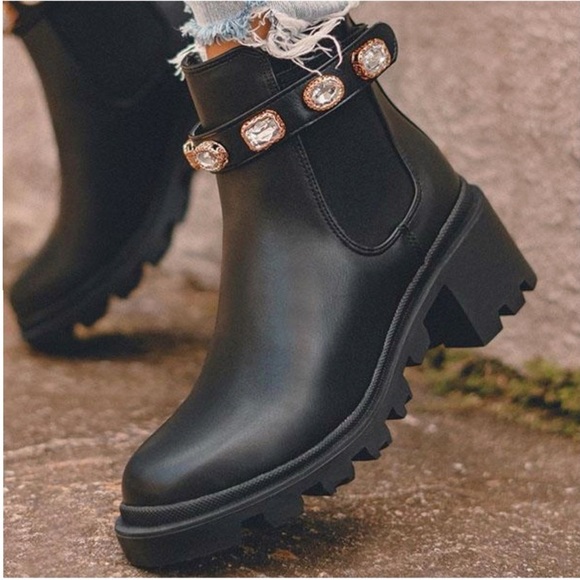 Adjustable Jeweled Ankle Strap Black Chelsea Boot - Picture 4 of 11